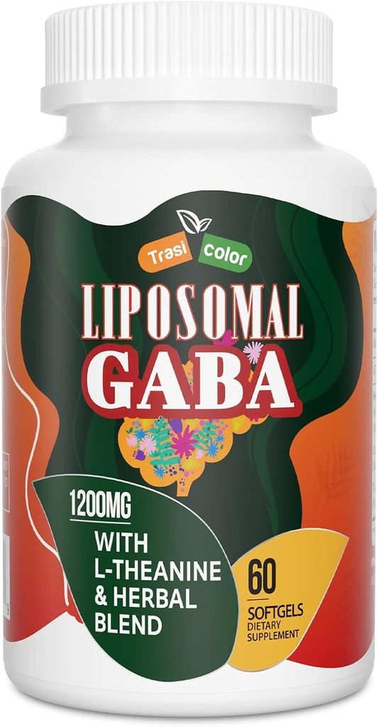 Liposomal GABA med L- Theanine Kosttilskud 1200mg - High Absorption GABA Complex med Ashwagandha, Kamille, Tart Cherry Herbal Kosttilskud til mænd og kvinder, 60 Softgels