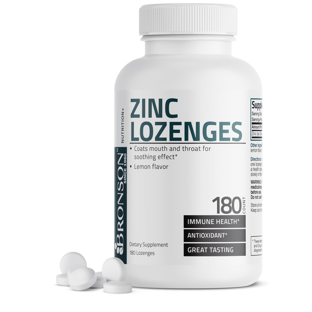 Bronson Zink Lozenges Antioxidant & immunsupporttilskud Lemon Flavored, 180 tyggetabletter