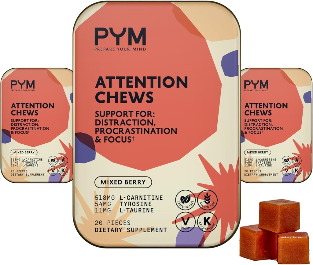 PYM Opmærksomhed Chews Support for Procrastination, Focus & Productivity, 60 Count 124; 518 mg L- Carnitin, 54mg Tyrosin, 11mg L- Taurine - Coffeine- Free Meader 124; All- Natural Mood Boost Supplement Made in USA