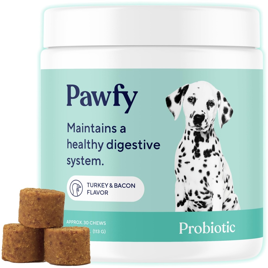 Pawfy Probiotika til hunde Budding- 124; understøtter fordøjelsessygdomme, Diarré til små, store hunde Budding- 124; Forbedrer Gut Sundhed Budding- 124; Anti Gær Kosttilskud Budding- 124; Skin Sundhed Sæsonallergi Support - 30 Chews (Bacon)