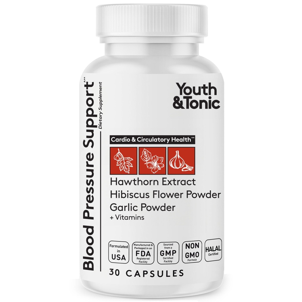 Youth & Tonic Natural Blood Pressure Support w / Hawthorn Hibiscus & High Potency Diuretic Herbs & Vitaminer for Water Retention Dex124; 30 BP Capsules to keep a Good Health Dex124; Kvinder & Mænd