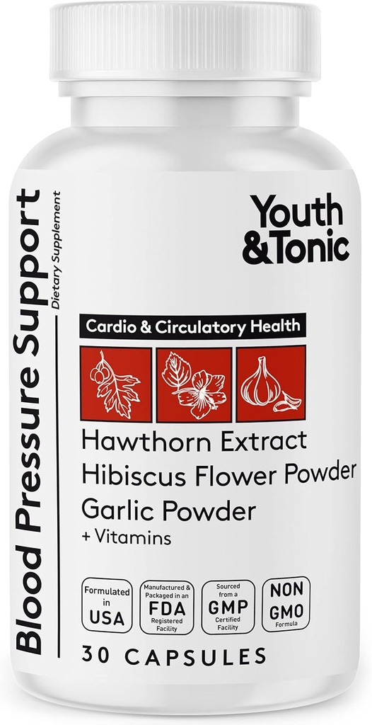 Youth & Tonic Natural Blood Pressure Support w / Hawthorn Hibiscus & High Potency Diuretic Herbs & Vitaminer for Water Retention Dex124; 30 BP Capsules to keep a Good Health Dex124; Kvinder & Mænd