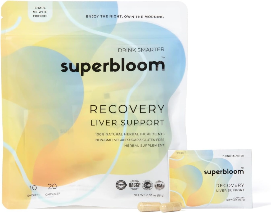 superbloom Recovery Liver Support | Liver Detox with DHM, Turmeric, Milk Thistle | 10 Sachets, 20 Capsules | Enjoy The Night, Own The Morning