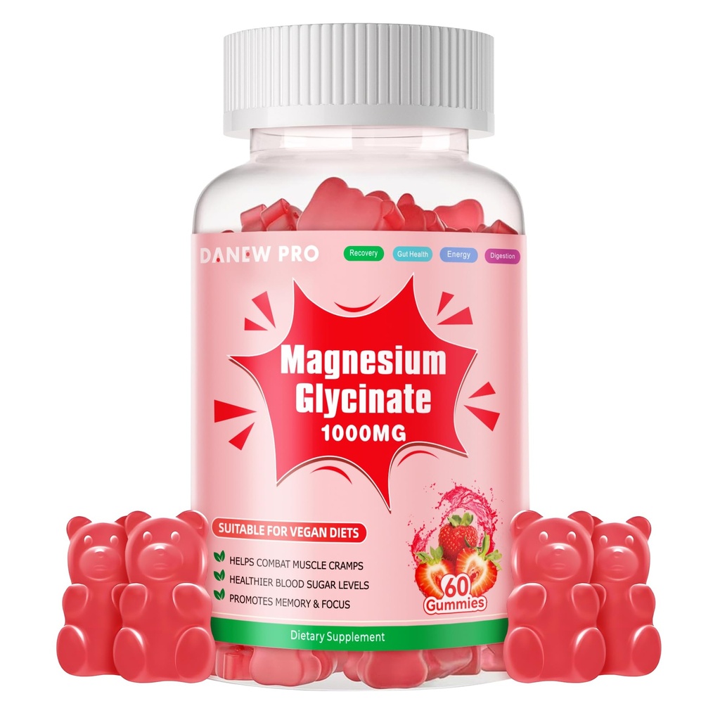 Magnesium Glycinat Gummies 1000mg - Sugar Free Magnesium Kalium Supplement med D-vitamin, B6, CoQ10 for Calm Mood & Sleep Support - 60 Jordbær Gummies