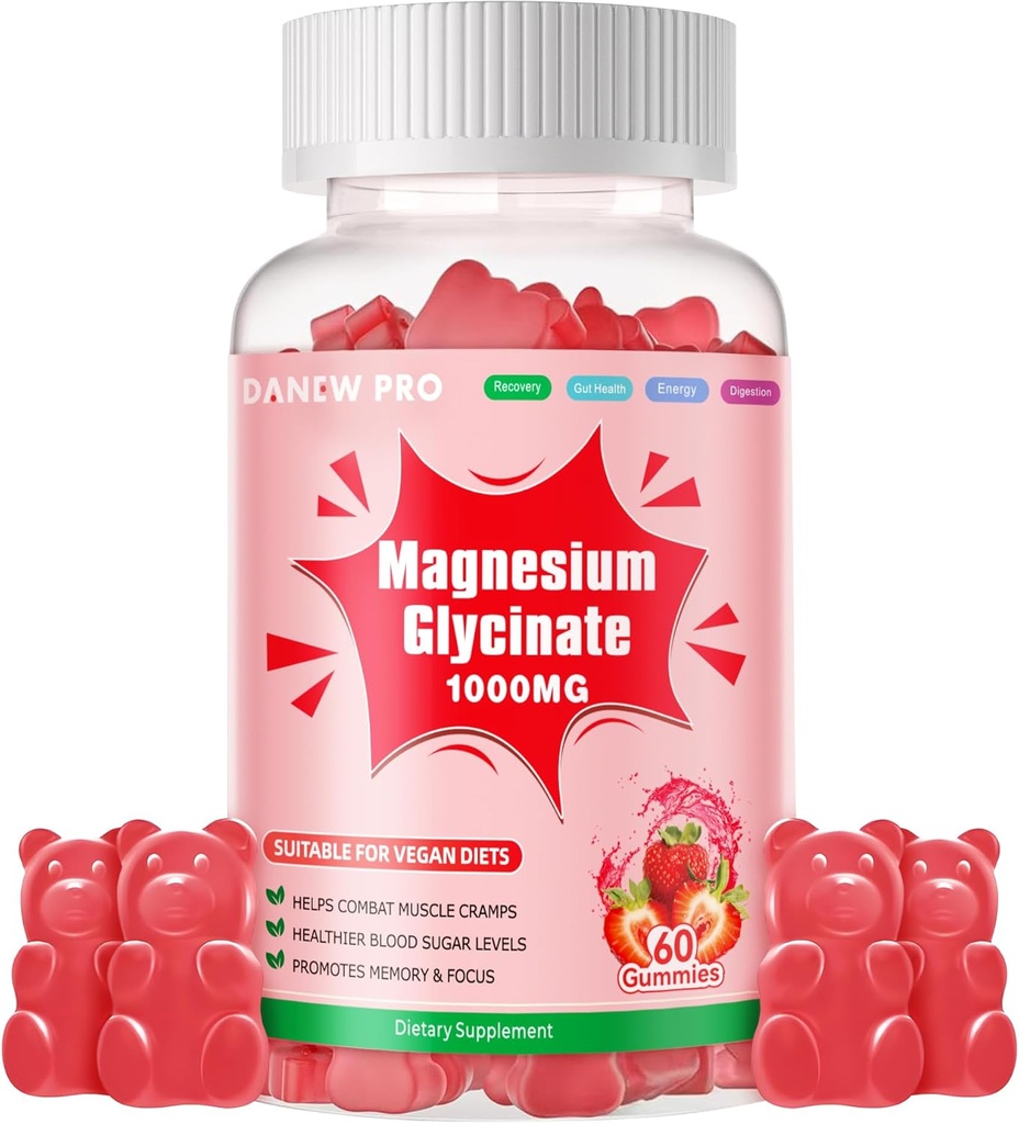 Magnesium Glycinat Gummies 1000mg - Sugar Free Magnesium Kalium Supplement med D-vitamin, B6, CoQ10 for Calm Mood & Sleep Support - 60 Jordbær Gummies