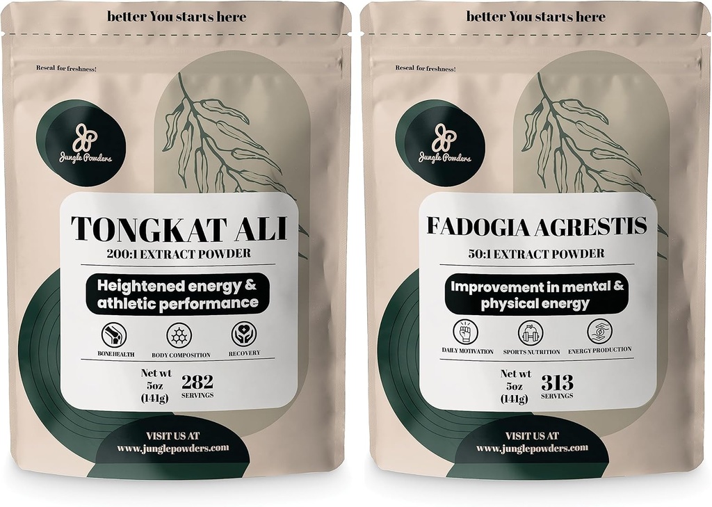 Jungle Powders Tongkat Ali Powder for Men 200: 1 Extract, Fadogia Agrestis Extract Powders for Men 50: 1 Koncentration 5oz Supplement