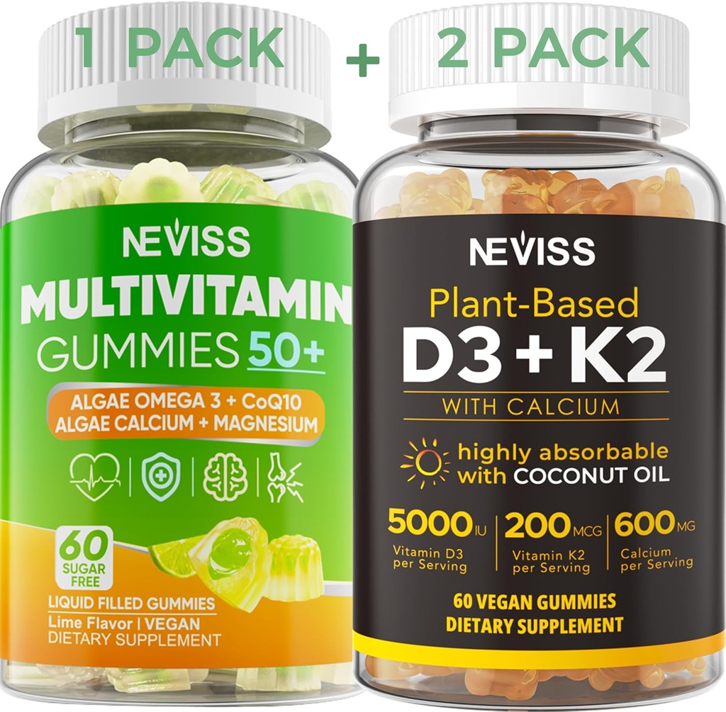 NEVISS 50 + Daglig vingummi Multivitamin Alger Omega 3 & Calcium, CoQ10, Magnesium + D3 5000IE Gummies 125mcg med Calcium 600mg, K2 (MK7) 200mcg