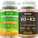 NEVISS 50 + Daglig vingummi Multivitamin Alger Omega 3 & Calcium, CoQ10, Magnesium + D3 5000IE Gummies 125mcg med Calcium 600mg, K2 (MK7) 200mcg