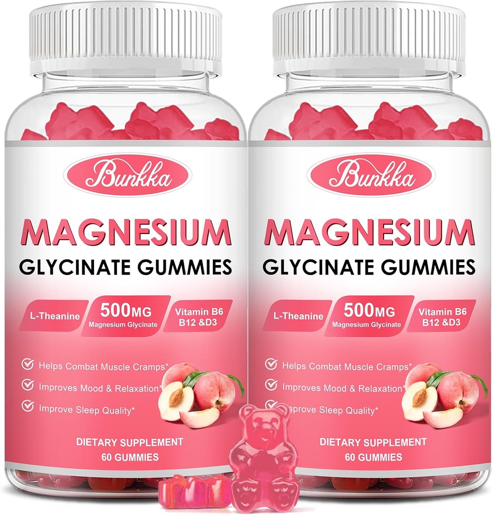(2 Pack) Magnesium Glycinat Gummies- Magnesium Glycinat 500 mg, Magnesium Complex supplement med kalium, VitaminD, B6 for ro, søvn & stress Relief- Sugar Free, 120 Peach Magnesium Gummies
