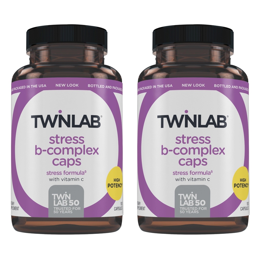 Twinlab Stress B- Complex Caps - Complete B- Complex & 1000 mg C-vitamin - Energitilskud med vitamin B12 og B6- 100 kapsler (pakke med 2)