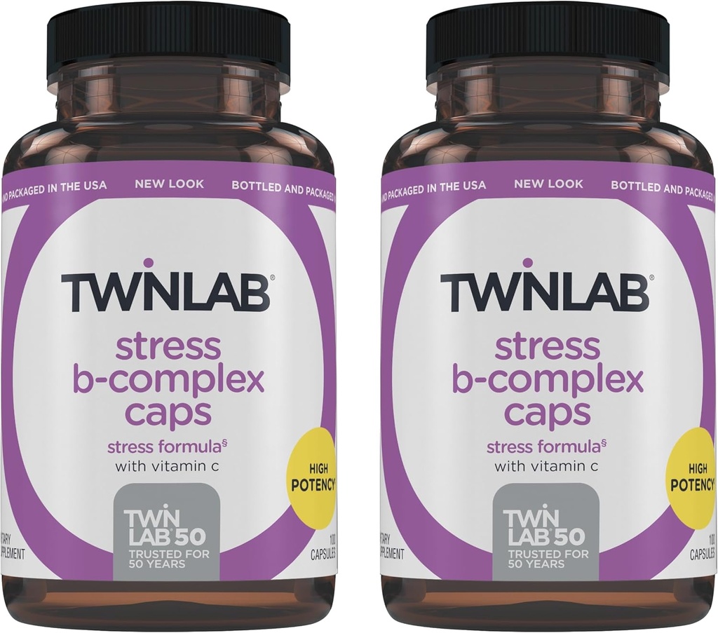 Twinlab Stress B- Complex Caps - Complete B- Complex & 1000 mg C-vitamin - Energitilskud med vitamin B12 og B6- 100 kapsler (pakke med 2)