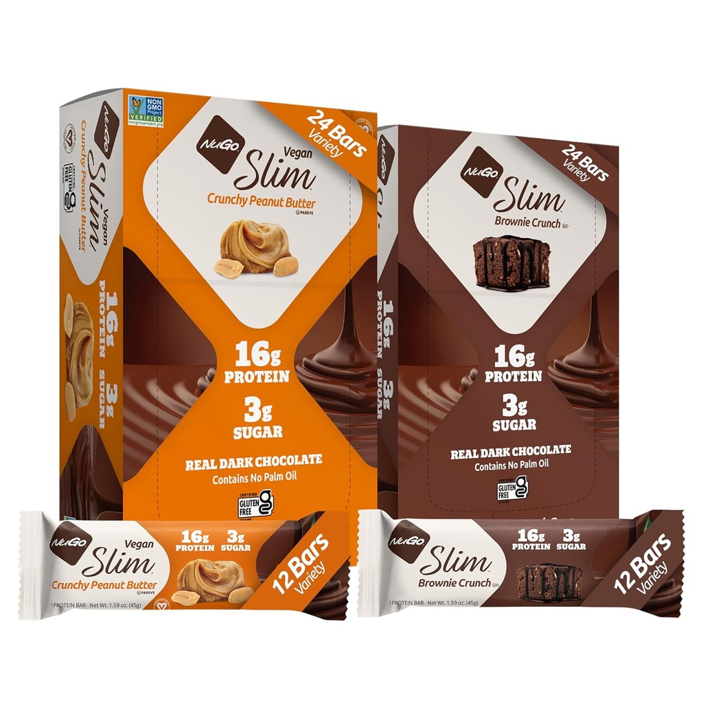 NuGo Slim 24ct Variety - Crunchy Peanut Butter 12 barer & Brownie Crunch 12 barer, 16g Protein, Keto Friendly, Gluten Free, 24 tæller