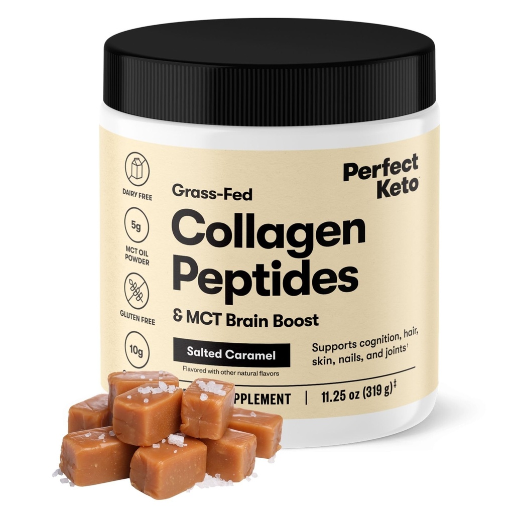 Perfect Keto Collagen Peptider Protein Powder med MCT Oil, Hydrolyzed Collagen, Type I & III tillæg, Gluten Free Grass Fed, Low Carb, Keto Coffee Creamer, Collagen for kvinder & mænd, Saltede Caramel