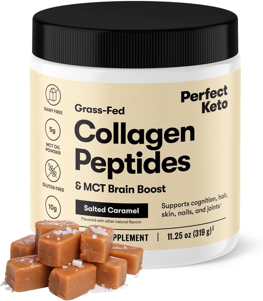 Perfect Keto Collagen Peptider Protein Powder med MCT Oil, Hydrolyzed Collagen, Type I & III tillæg, Gluten Free Grass Fed, Low Carb, Keto Coffee Creamer, Collagen for kvinder & mænd, Saltede Caramel