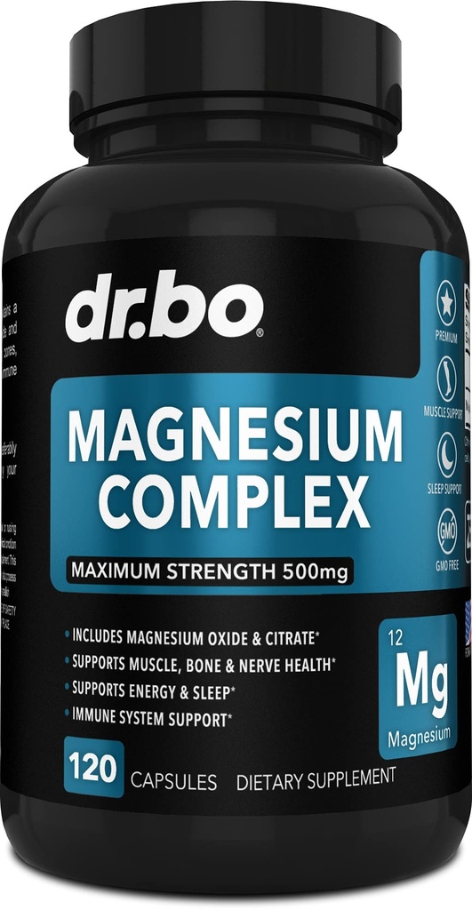 Magnesium Complex supplement kapsler 500mg - Support Energy, Afslapning, Ben kramper & ben - Hjælp Støtte Muskelstøtte kosttilskud - Høj Absorption Premium Mag Citrate Oxide - 120 Kapsler