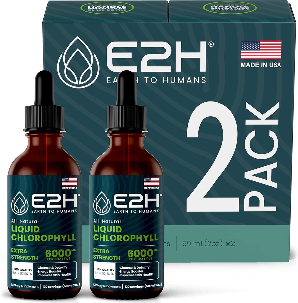 E2H Chlorophyll Liquid Drops - Energi Booster, fordampning, immunsystem support og intern deodorant - Vegan - Gluten Free - Non- GMO - (2 flasker)