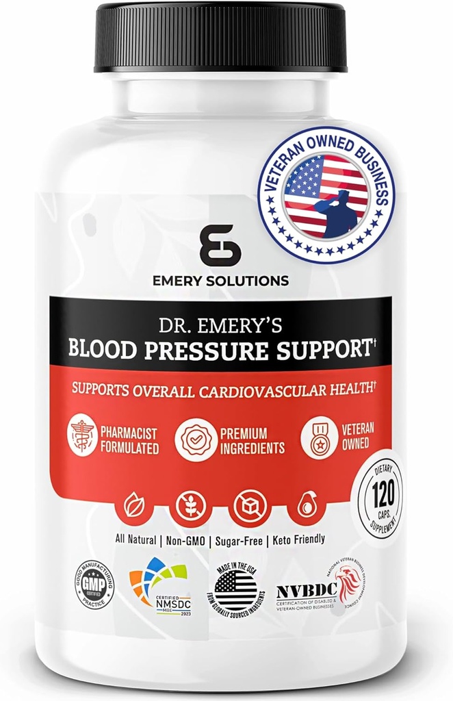 Dr. Emerys blodtrykssupport med Magnesium, Zink, D3- vitamin, & Kalium, Vegan- Godkendt, Sukkerfri, Formuleret af klinisk farmaceut, 120 kapsler, 30 dages forsyning