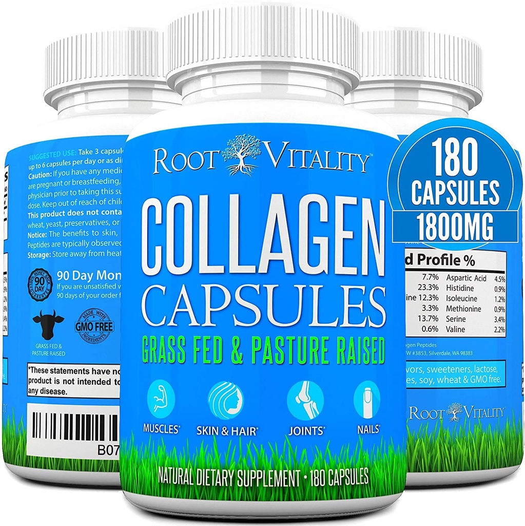 Root Vitality Collagen Peptider Kapsler - Grass- Fed, Pasture- Raised Hydrolyzed Protein Supplement for hud, hår, & negle - Non-GMO, Zero Sugar Daglige piller til mænd og kvinder (180 Kapsler)