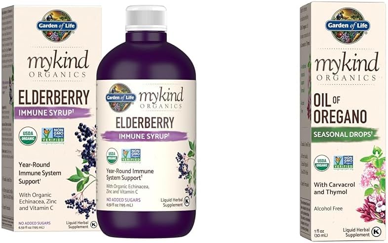 Haven af Life Organics Plant- Based Elderberry Immunsyrup 6.59 fl oz & Organics Oil of Oregano Seasonal Drops 1fl oz (30 ml) Væske