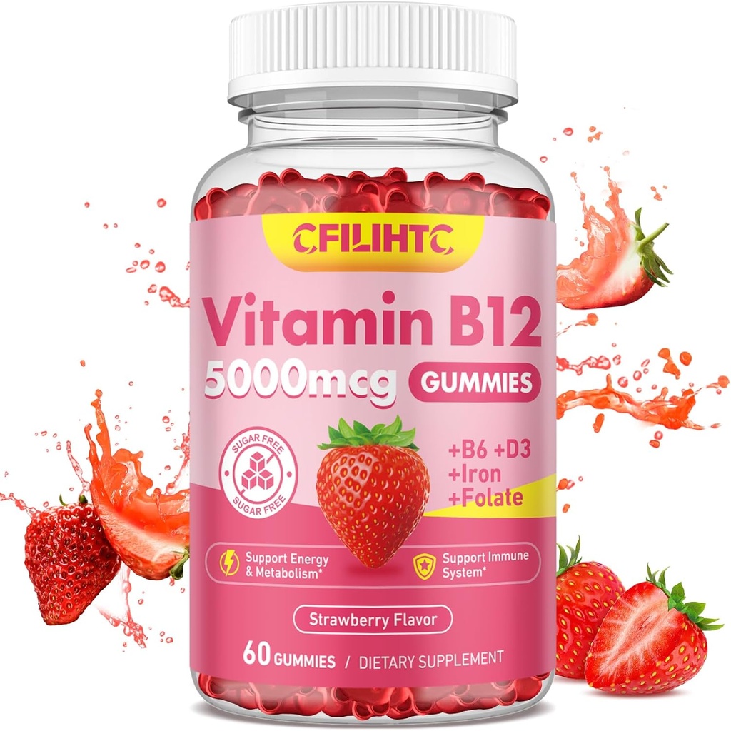 Vitamin B12 Gummies til kvinder & mænd, 5000mcg Methyl B12 Gummies med vitamin B6, D3, Jern, Folate til voksne, Understøtter energi & Metabolisme Boost, Mood, Immun & Nervesystemet, Sukker Free Strawberry