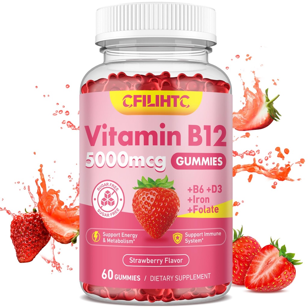 Vitamin B12 Gummies til kvinder & mænd, 5000mcg Methyl B12 Gummies med vitamin B6, D3, Jern, Folate til voksne, Understøtter energi & Metabolisme Boost, Mood, Immun & Nervesystemet, Sukker Free Strawberry