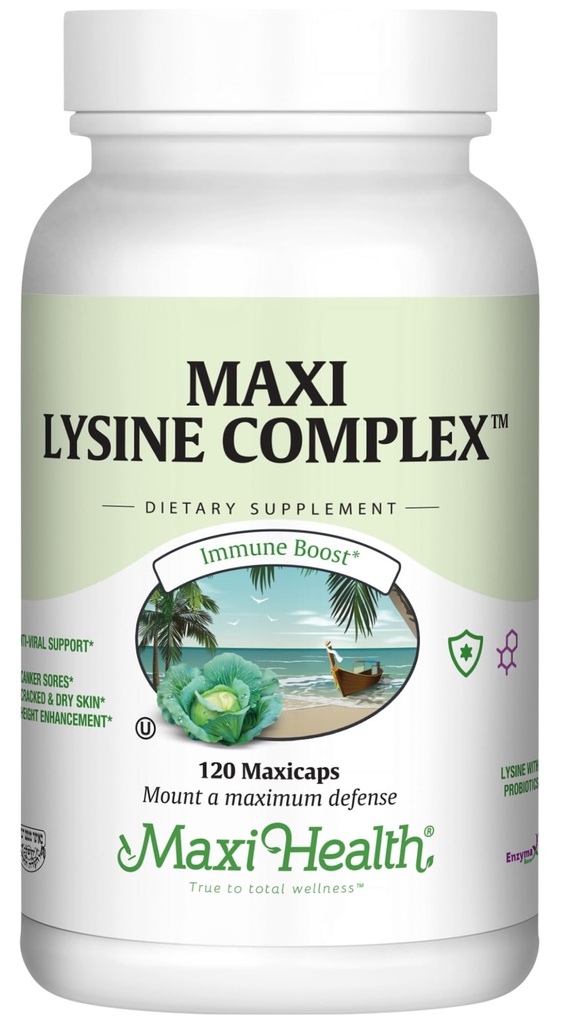 Maxi Health Lysin Complex med probiotika - L- Lysin 1000mg for proteinsyntesen Canker Sores, og hud - 60 kapsler