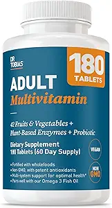 Dr. Tobias Voksen Multivitamin for kvinder & mænd, immunsupportvitaminer fra 42 Frugter, Grøntsager, Plus Probiotika, Vegan Multivitaminer for mænd & kvinder, Non- GMO, 180 Tablets, 60 Servere