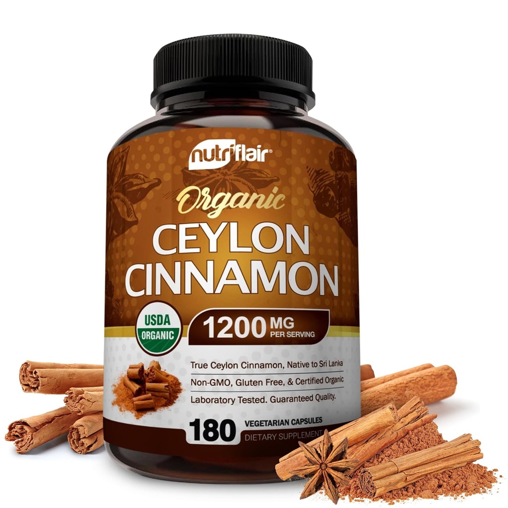 NutriFlair Organic Ceylon Cinnamon (100% Certificeret Organic Ceylon Cinnamon) 1200mg per servering, 180 kapsler - Joints, Inflammatorisk, Antioxidant