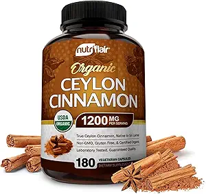 NutriFlair Organic Ceylon Cinnamon (100% Certificeret Organic Ceylon Cinnamon) 1200mg per servering, 180 kapsler - Joints, Inflammatorisk, Antioxidant