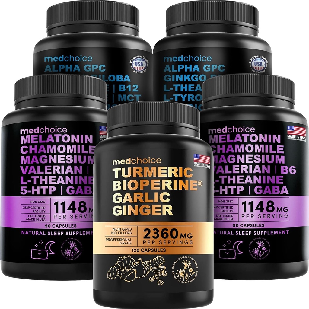 MEDCHOICE Gurkemeje & Ingefær (120ct), Sleep Melatonin (180ct), og Nootrope Brain (120ct) Supplement Bundle - Wellness Trio for Brain, Sleep, & immunforsvar - Vegan, Non- GMO, Gluten- Free