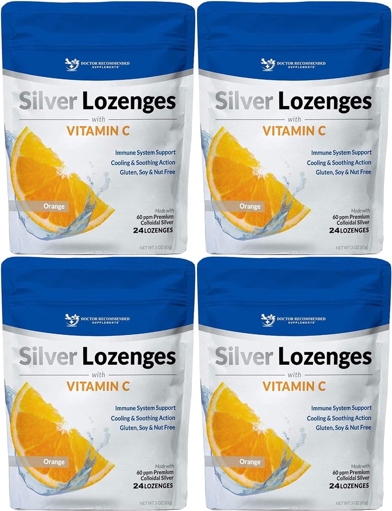 Sølv Lozenges med C-vitamin - Premium Nano Silver 60 PPM kolloid sølv, organisk honning og C-vitamin Mineral supplement dråber til støtte immunsystem, Sothe Hough & Halsen - pakke med 4