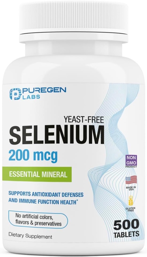 Puregen Labs Selenium 200 mcg Gær Free Essential Mineral - 500 Vegetarian Tablets Б124; Immuno Antioxidant Support Б124; Non- GMO, Gluten Free, Made in USA