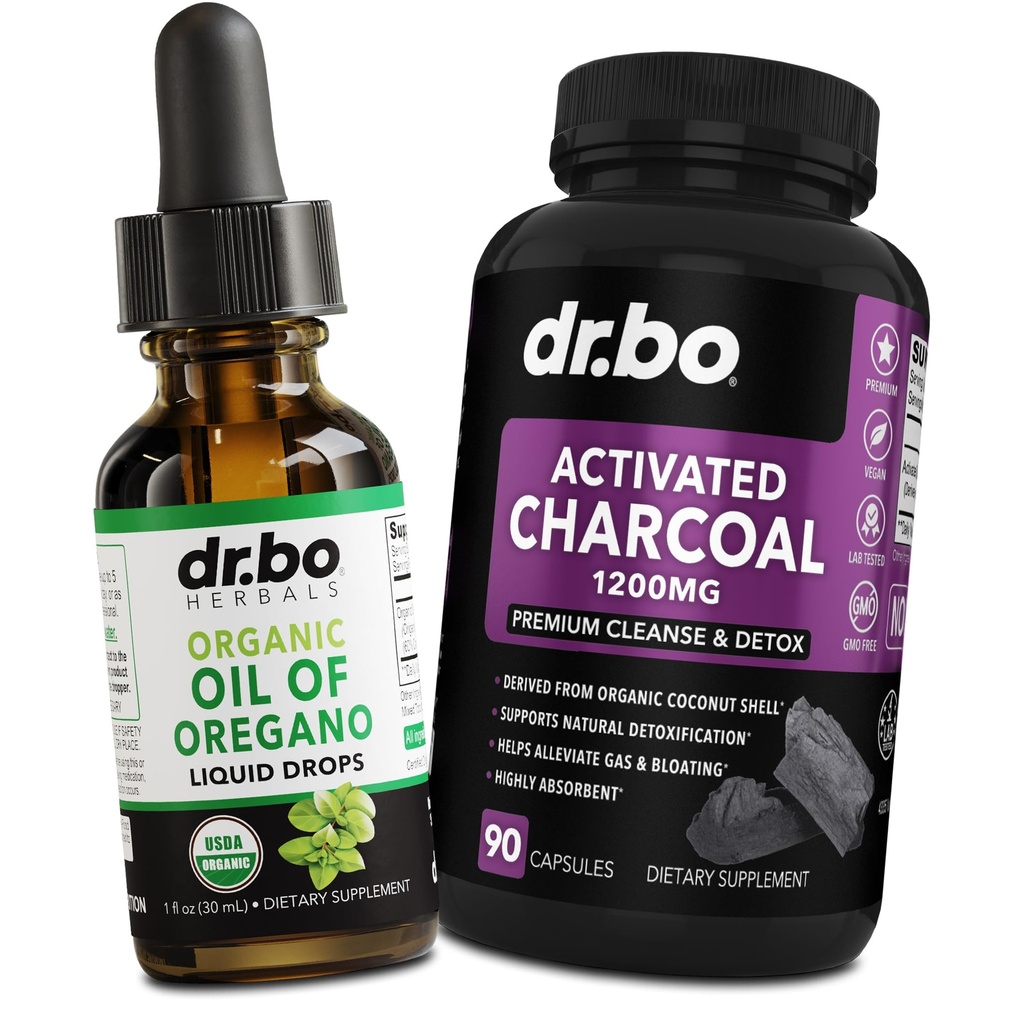 Oregano Oil Organic Liquid Drops & Charcoal Capsules - Olie af Oregano Drops Tincture Extract & Charcoal Pills til Mave Gas Cleanse Detox immunforsvar, fordøjelsesbesvær Binder - Økologisk