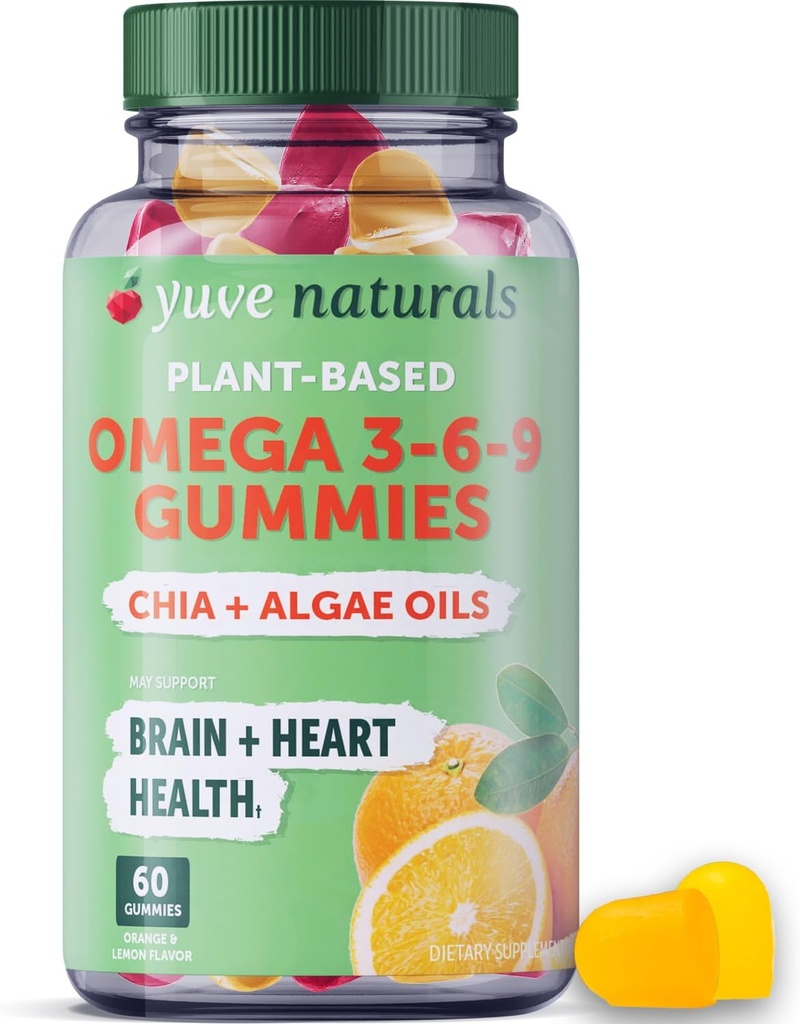 Yuve Vegan Omega 3-6-9 & DHA Gummies - Lækker for børn, Mænd & Kvinder - Lavet af Algae & Chia - NO Fish Oil, NO Krill - Essential Fed Acid Supplement - Non-GMO, Gluten- Free, Plant- Based - 60ct