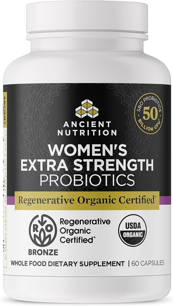Ancient Nutrition Regenerative Organic Certified Probiotika til kvinder, Probiotika Kvinder ekstra styrke, sund fordøjelse og immunsystemet Funktionssupport, 25 Millioner CFU * Per Servering, 60 Greve