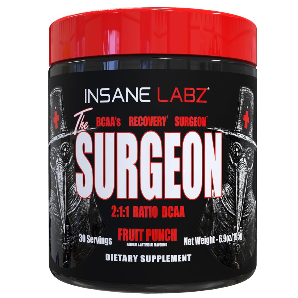 Insane Labz The Surgeon BCAA Recovery Powder - Forgrenet Chain Amino Acid Post Workout Drink for Muscle Recovery - 30 Srvgs (30 Servere (pakke med 1), Fruit Punch)
