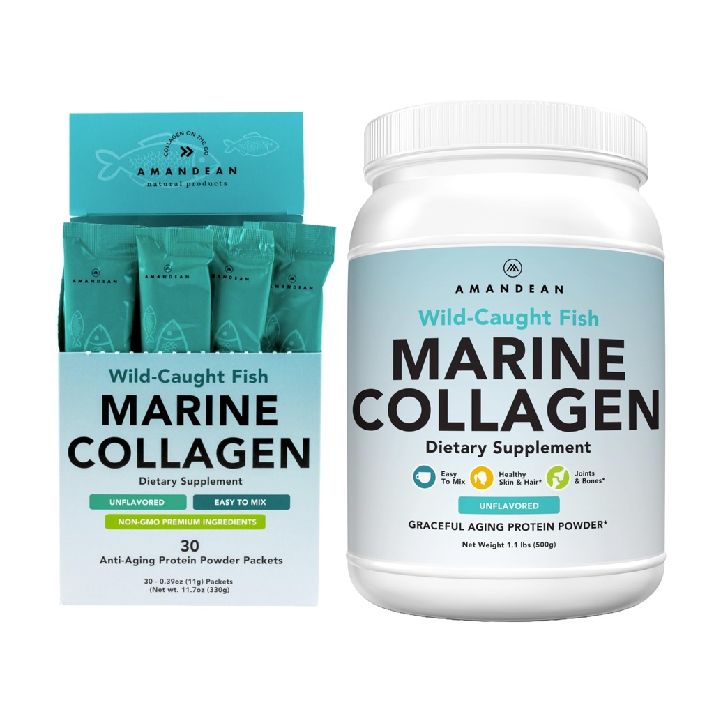 AMANDEAN Marine Collagen Duo. 500g Container + 30 Rejsepakker. Hydrolyseret fisk collagen peptider til hud, hår og negle. Pescatarian, Keto & Paleo-Friendly, Unflavored