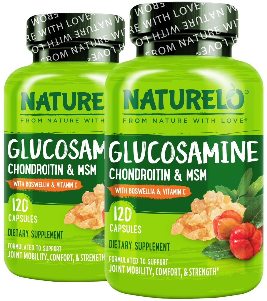 NATURELO Glucosamine Chondroitin MSM med Boswellia og C-vitamin - supplement til fælles komfort, mobilitet og styrke - 120 kapsler (pakke med 2)