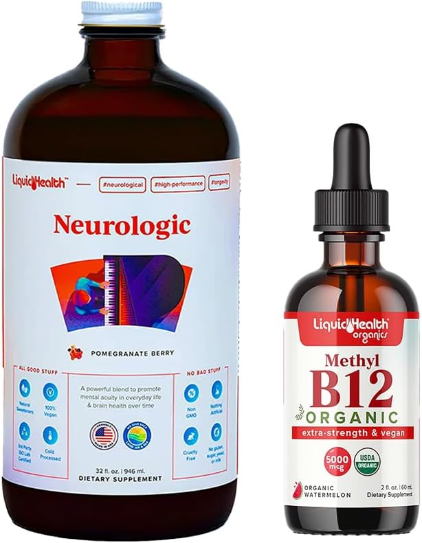 LIQUIDSUNDHED Neurologi Nootrop Focus Supplement & Organic Methyl B12 5000mcg Vitamin Drops med Tart Cherry Juice til immunforsvar, Forbedret hukommelse & koncentration, Naturlig energi, Samlet sundhed