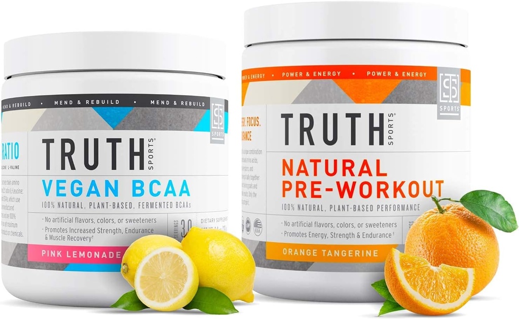 Truth Nutrition Natural Atlete Workout Stack - Vegan BCAA (Pink Lemonade) + Natural Preworkout (Orange Tangerin)