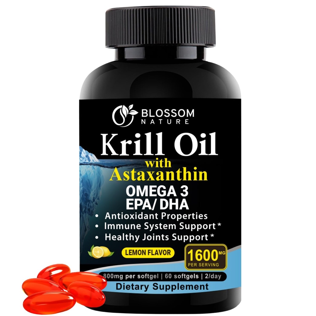 Antarktiske krill Oil Softels- 1600mg per servering med 2 mg Astaxanthin, High Omega - 3 (174mg EPA & 120mg DHA) i Phospholipid Form- Supports Joint, Heart, Skin & Brain Health- 60 Lemon- Flavored Softels