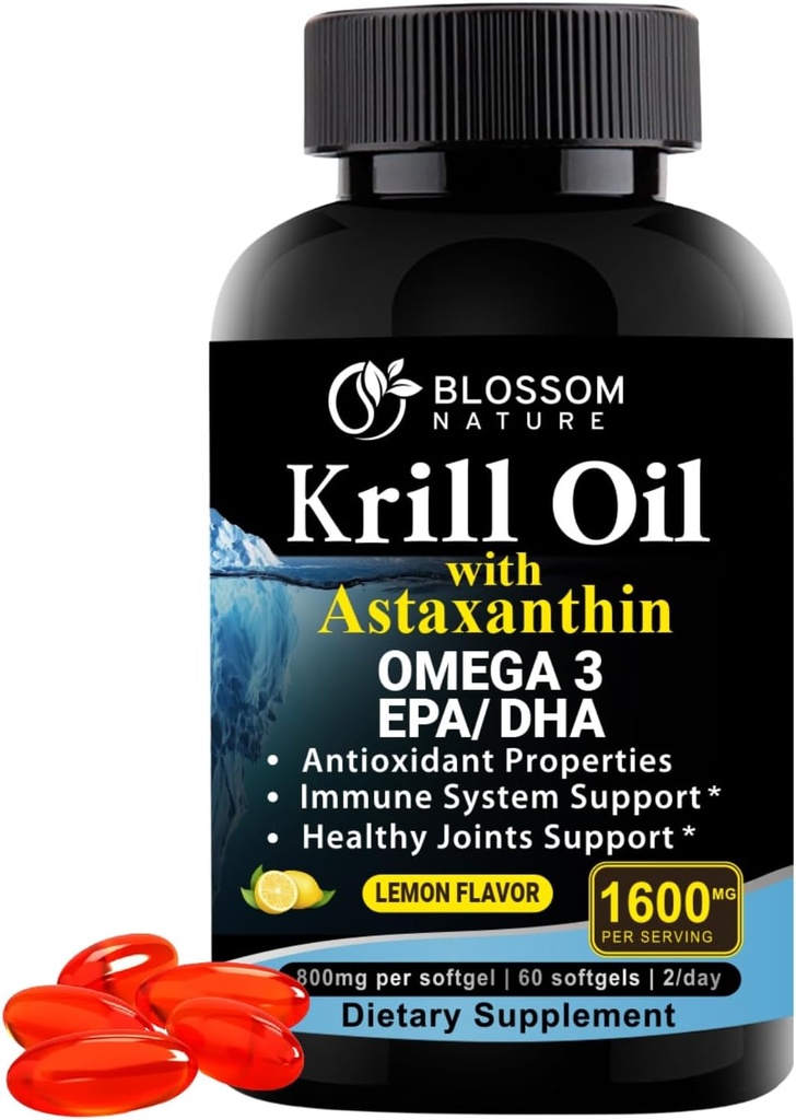 Antarktiske krill Oil Softels- 1600mg per servering med 2 mg Astaxanthin, High Omega - 3 (174mg EPA & 120mg DHA) i Phospholipid Form- Supports Joint, Heart, Skin & Brain Health- 60 Lemon- Flavored Softels