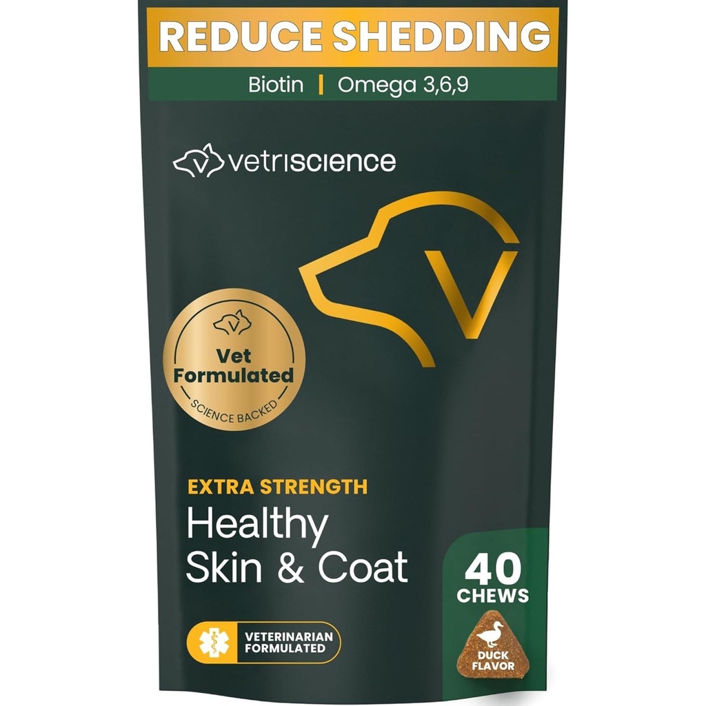 VetriScience ekstra styrke sund hud & Coat Chews, Omega Plus tillæg for hunde, med Balanced Omega 3, 6, 9, Fish Oil og biotin, Hud Sundhed, Coat vækst og skinne, Duck, 40 Greve