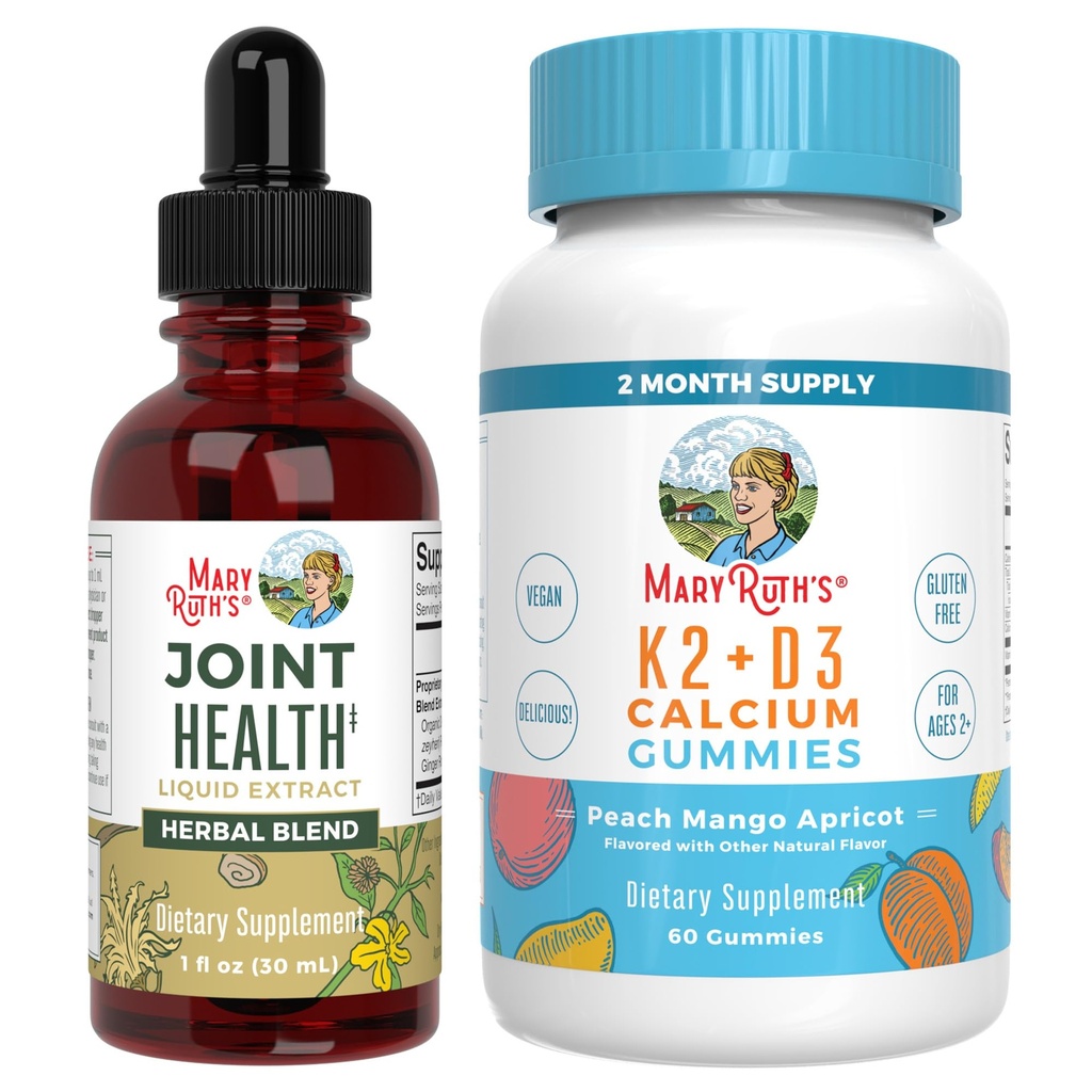 MaryRuth Organics Joint Health Liquid Drops & Vitamin K2 + D3 Gummies (Peach Mango og Apricot)