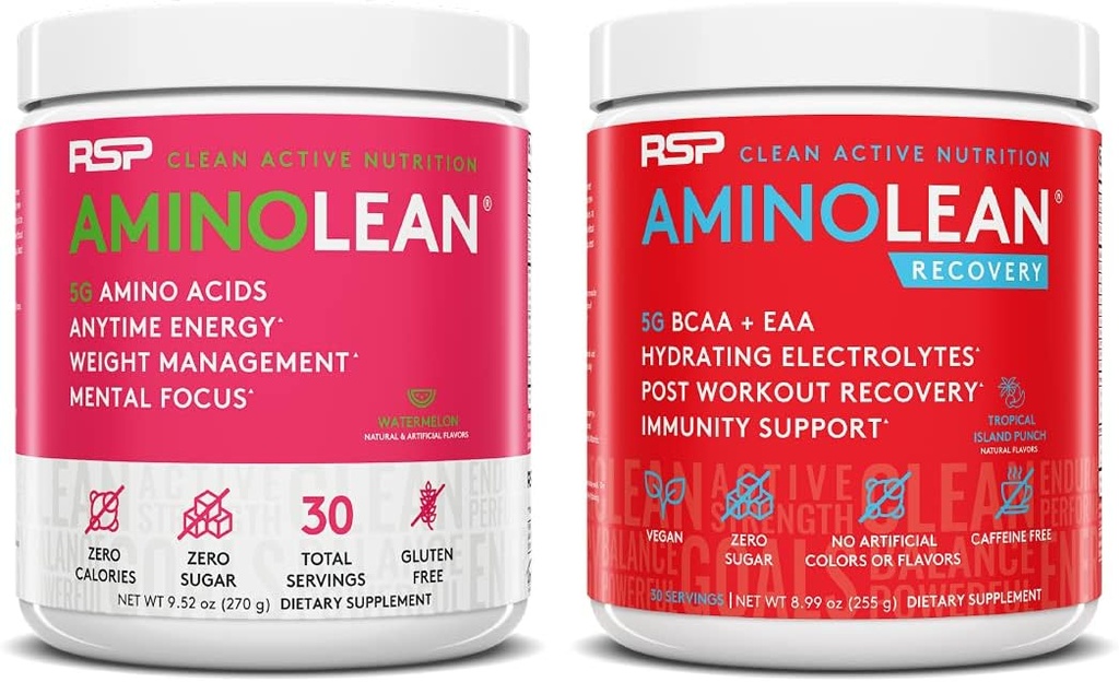 RSP NUTRITION AminoLean Pre Workout Energy (Watermelon 30 Servering) med AminoLean Inddrivelse Post Workout Boost (Tropical Island Punch 30 Servering)