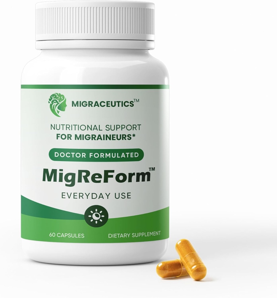 MigReForm Flaske på 60 - Doctor Formuleret Migræne Relief Kosttilskud - Natural Migræne Relief Support med Magnesium, vitamin B2 & CoQ10 - Migræne Supplement for kvinder og mænd - Migræne Vitaminer