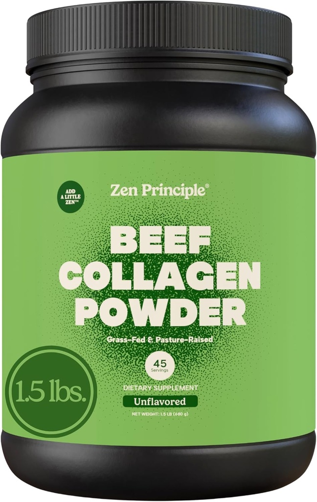 Zen Princip Grassefed Agglomereret hydrolyseret collagen peptider 1,5 LB. Anti- Aging Protein Powder for sundt hår, hud, joint. Paleo Friendly, Gluten Free, Pastor- Raised Bovine.