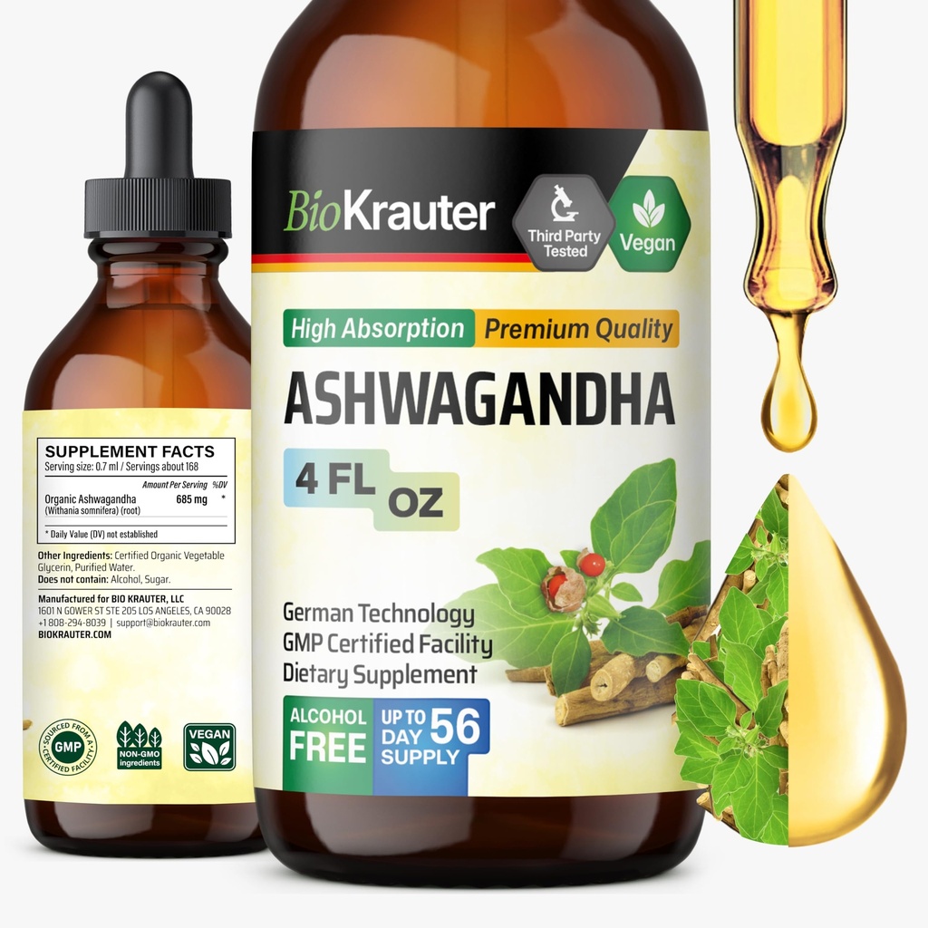 BIO KRAUTER Ashwagandha Flydende Drops - Ashwagandha Kosttilskud til Calmness - Vegansk Mood Support Drops - Alkohol & Sukker Free - 4 Fl.Oz.