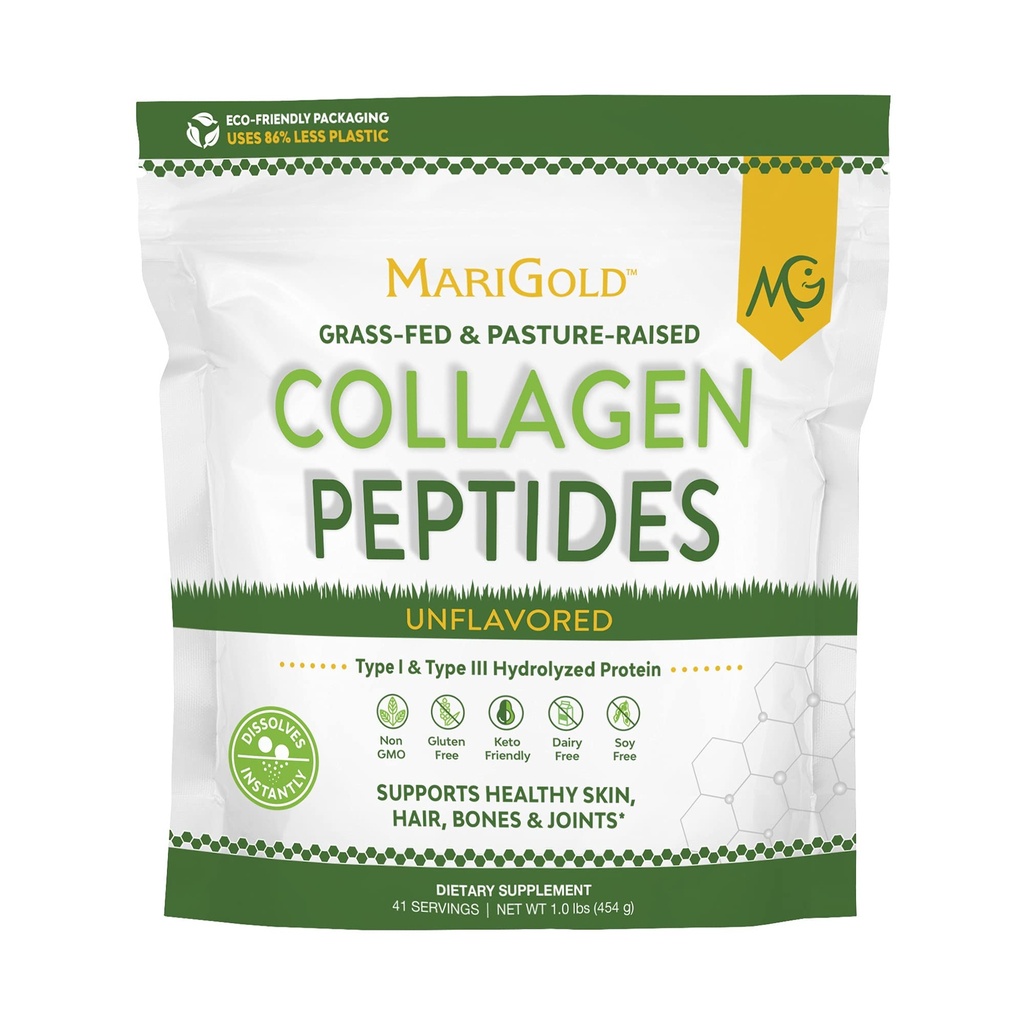 MariGold Grass- fed Collagen Peptider Powder Unflavored 1LB - 100% Pure, Type I & III Bovine Hydrolyzed Collagen, Non- GMO, Hormone- Gluten- Dairy Free, Keto- Friendly, Let at blande