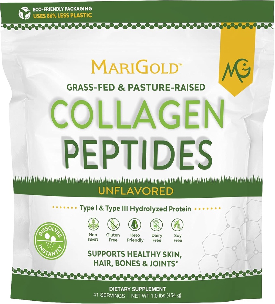 MariGold Grass- fed Collagen Peptider Powder Unflavored 1LB - 100% Pure, Type I & III Bovine Hydrolyzed Collagen, Non- GMO, Hormone- Gluten- Dairy Free, Keto- Friendly, Let at blande